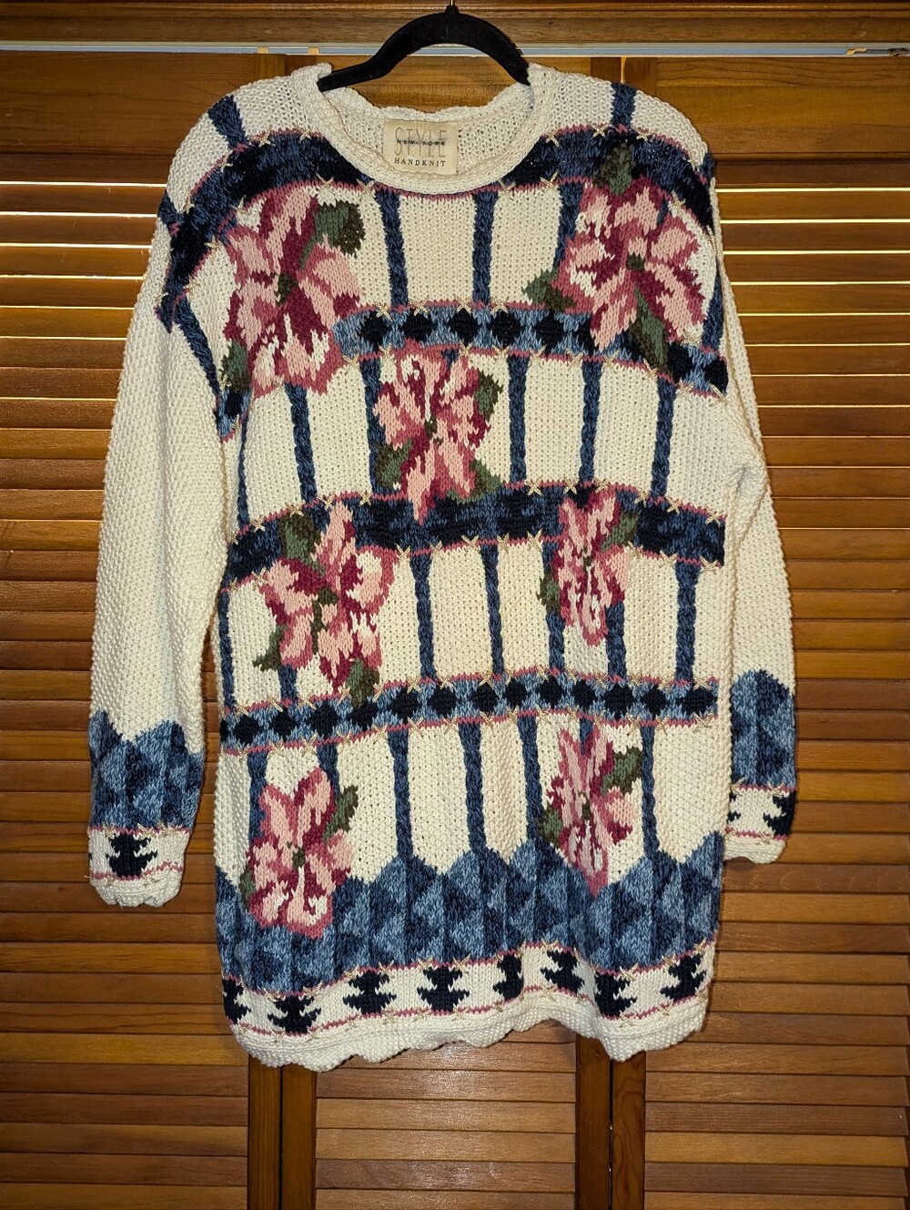 Vintage Floral Ramie Cotton Knit Sweater With Scallop Hem